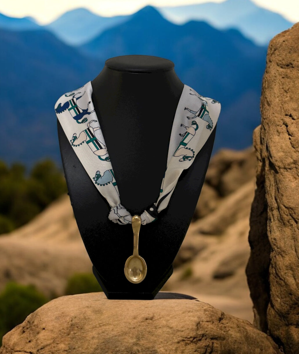 Elegant Scarf with Gold Spoon Pendant Necklace