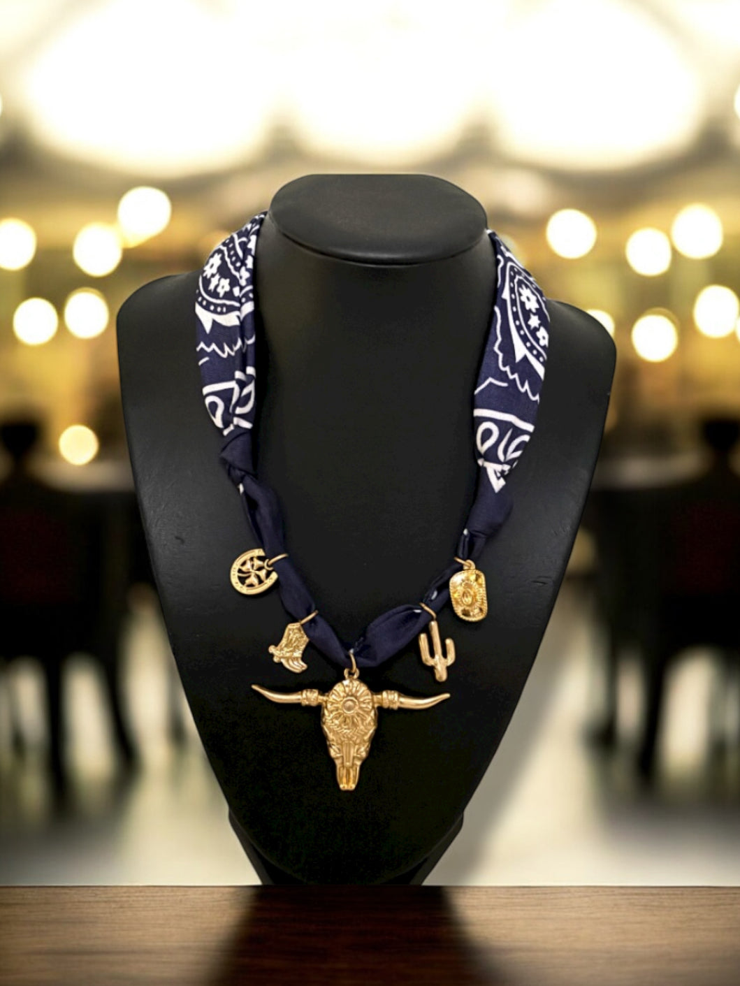 Blue Bandana Style Scarf Charm Necklace