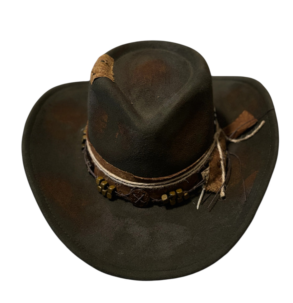 Green Rustic Cowgirl Fedora Hat w/ Distressed Fabric