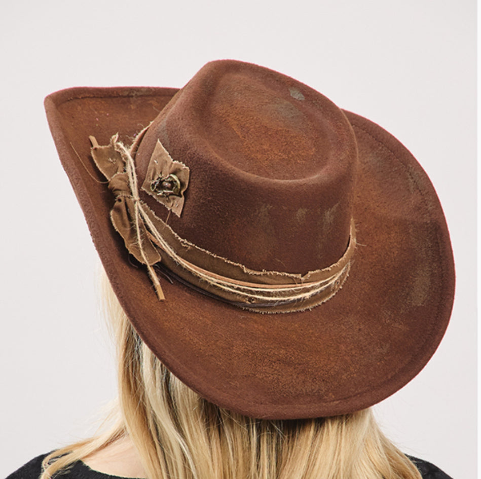 Brown Rustic Cowgirl Fedora With Distressed Fabric Band