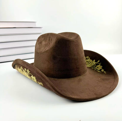 Brown Cowboy Hat with Embroidered Floral Design
