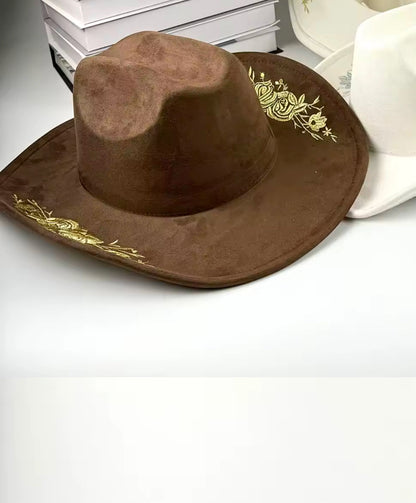 Brown Cowboy Hat with Embroidered Floral Design