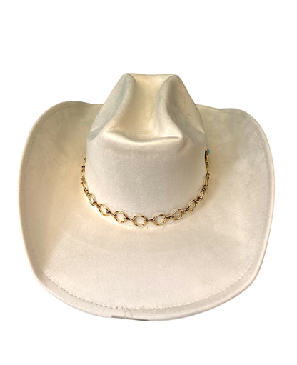 White Cowboy Hat with Gold and Turquoise Accents