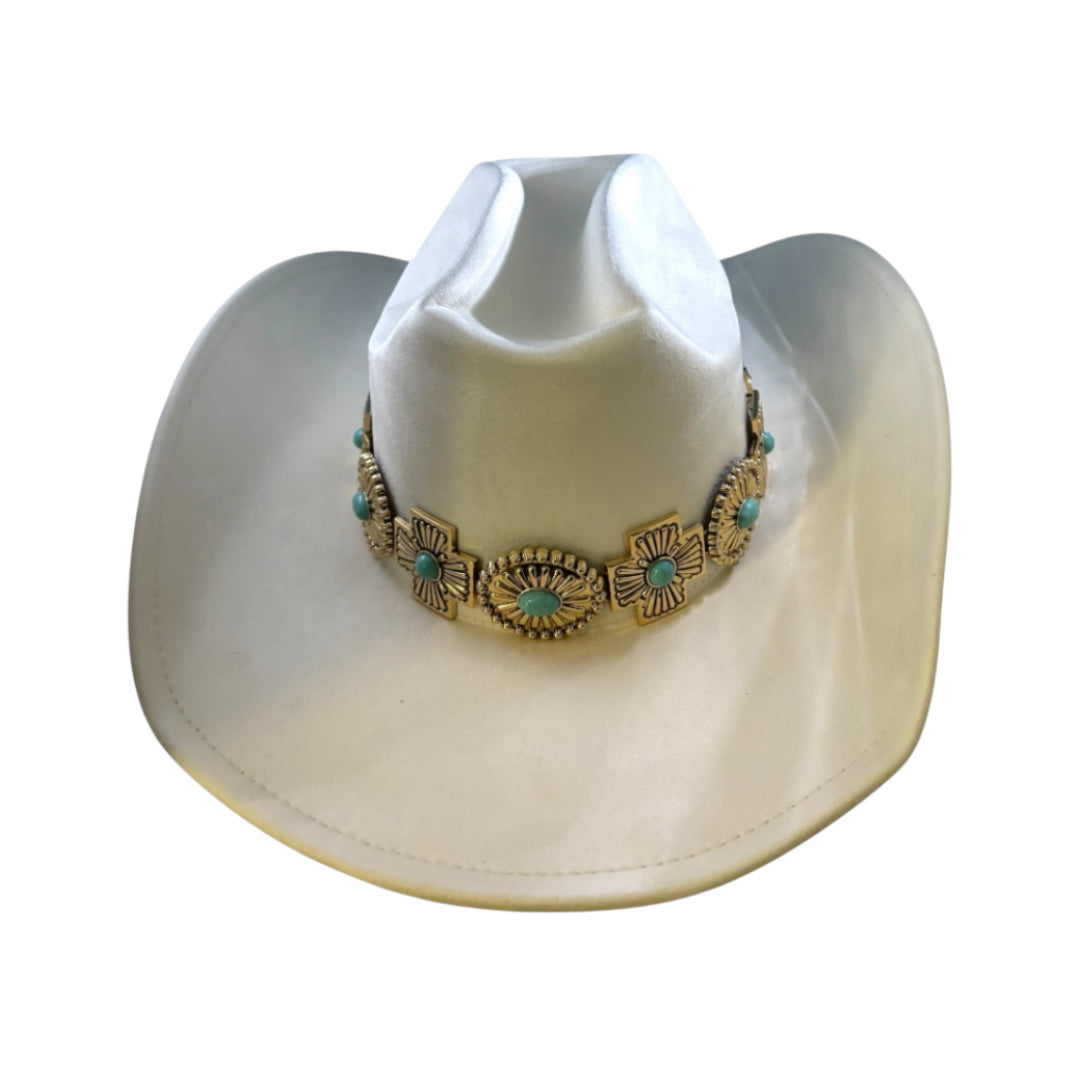 White Cowboy Hat with Gold and Turquoise Accents