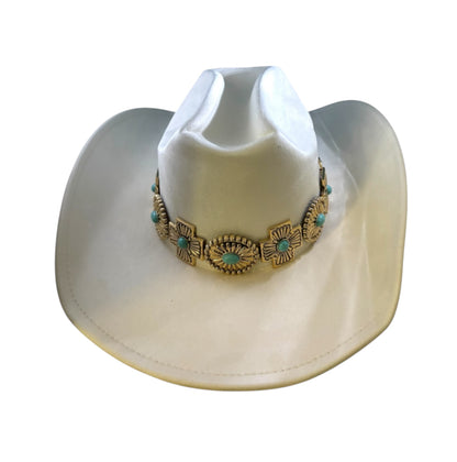 White Cowboy Hat with Gold and Turquoise Accents