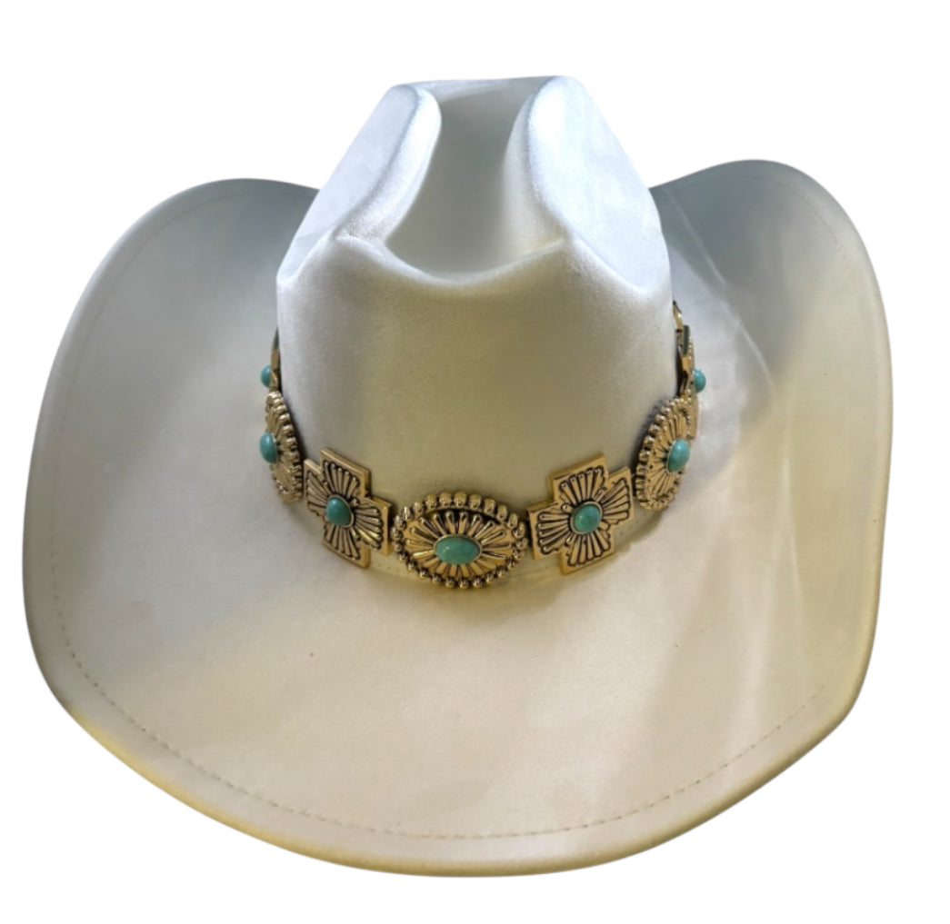 White Cowboy Hat with Gold and Turquoise Accents