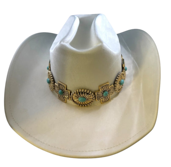 White Cowboy Hat with Gold and Turquoise Accents
