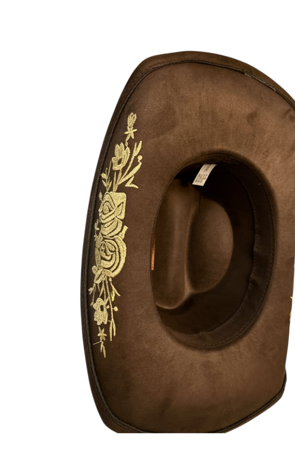Brown Cowboy Hat with Embroidered Floral Design