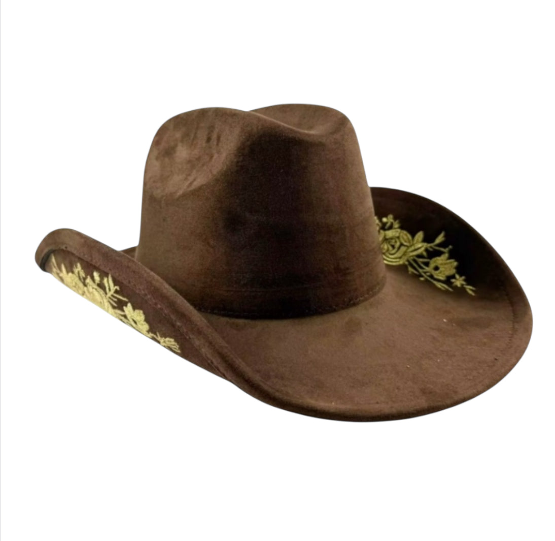 Brown Cowboy Hat with Embroidered Floral Design