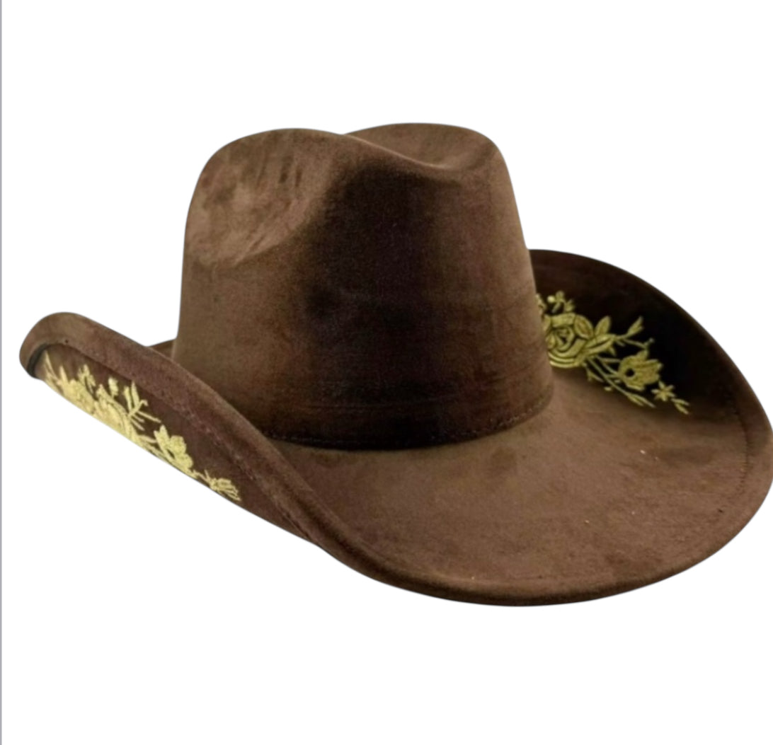 Brown Cowboy Hat with Embroidered Floral Design