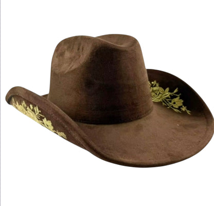Brown Cowboy Hat with Embroidered Floral Design