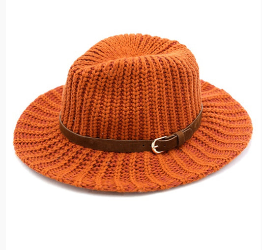 Knit Fedora Hat with Brown Band