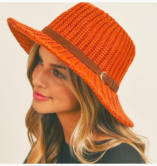 Knit Fedora Hat with Brown Band