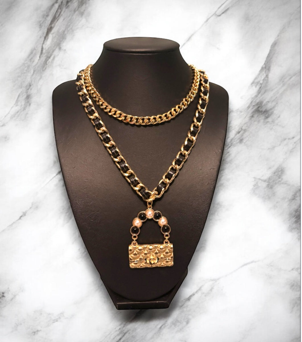 Gold & Black Handbag “C”Necklace