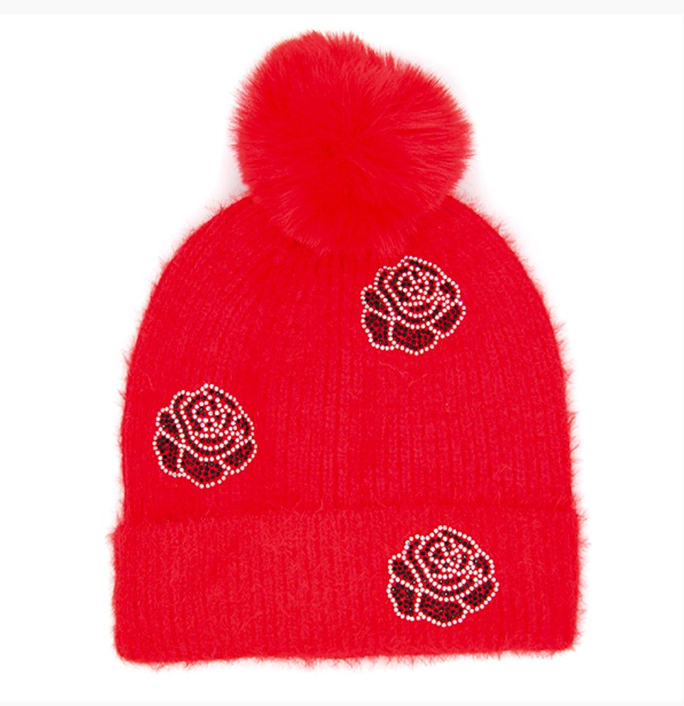 Red Rhinestone Flower Pom Pom Ribbed Beanie