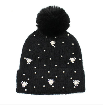 Black Pearl Accent Rhinestone Pom Beanie