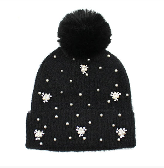 Black Pearl Accent Rhinestone Pom Beanie
