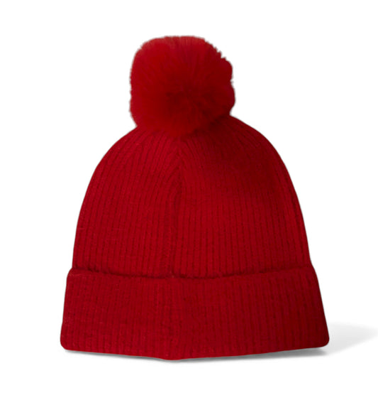 Red Rhinestone Flower Pom Pom Ribbed Beanie
