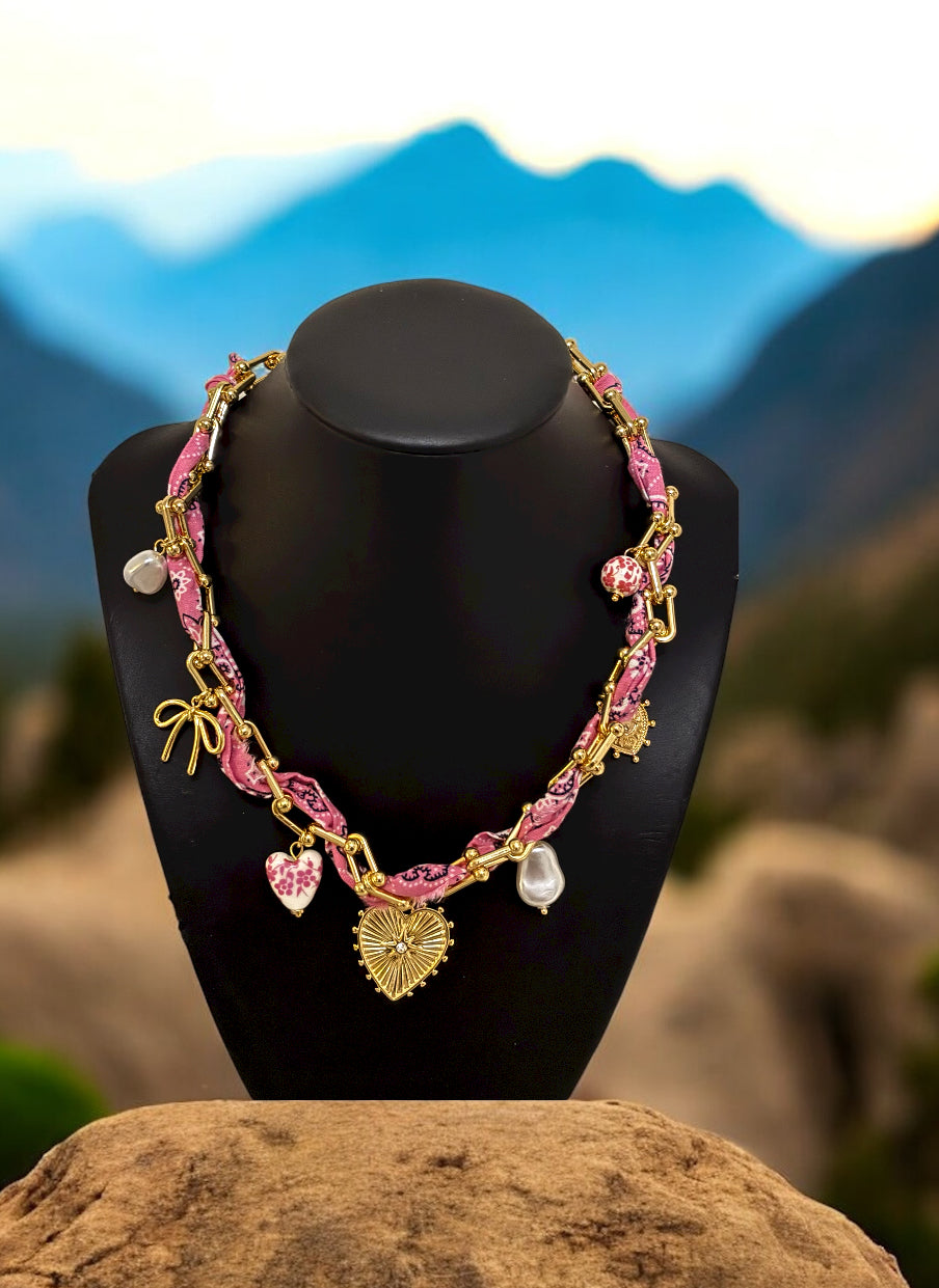 Pink Bandana Paperclip Scarf Necklace Set