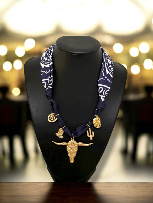 Blue Bandana Style Scarf Charm Necklace