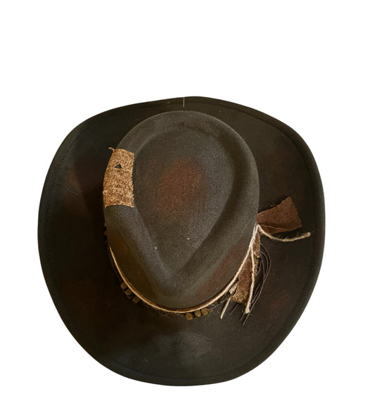 Green Rustic Cowgirl Fedora Hat w/ Distressed Fabric