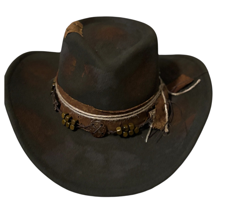 Green Rustic Cowgirl Fedora Hat w/ Distressed Fabric