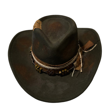 Green Rustic Cowgirl Fedora Hat w/ Distressed Fabric