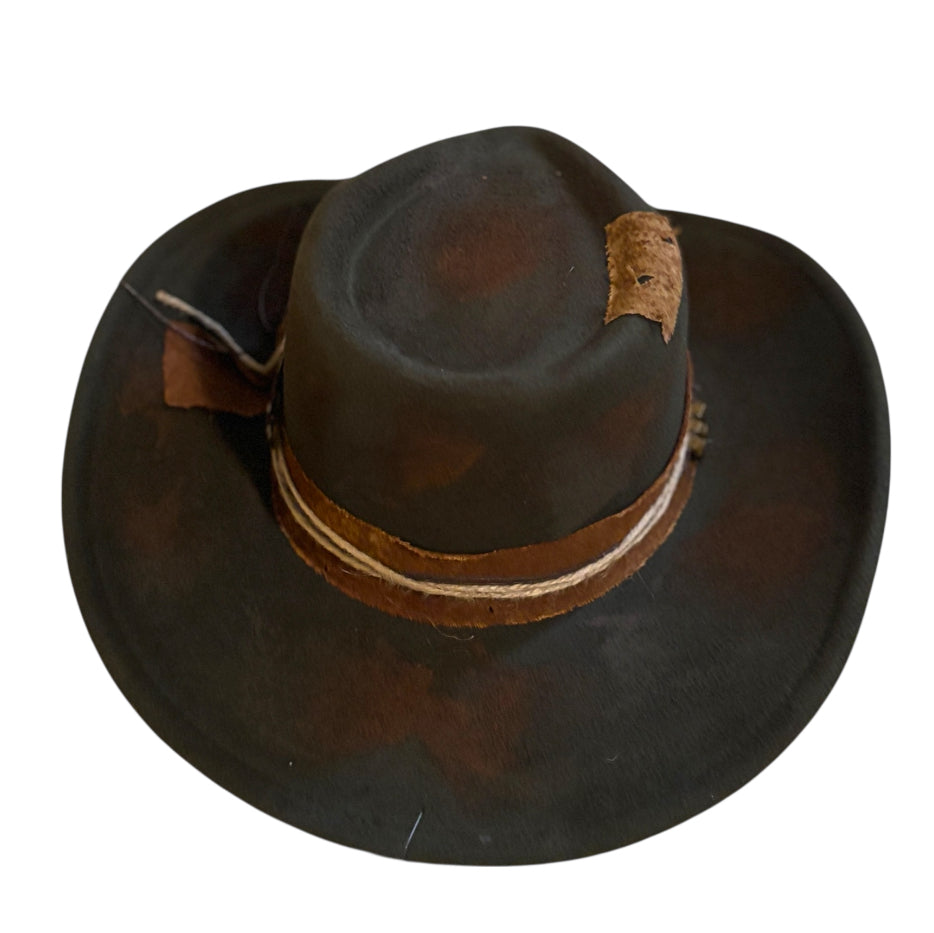 Green Rustic Cowgirl Fedora Hat w/ Distressed Fabric