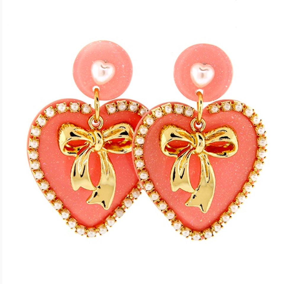 Pink & Gold Ribbon Heart Earrings