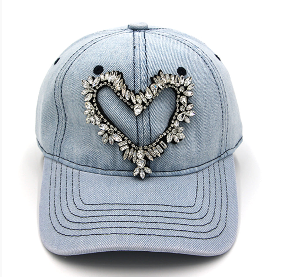 Embellished Denim Cap with Heart Design