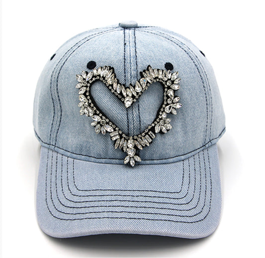 Embellished Denim Cap with Heart Design