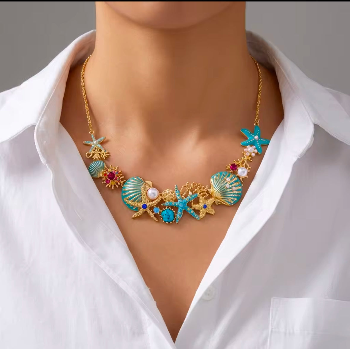 Blue Seashell Starfish Charm Necklace