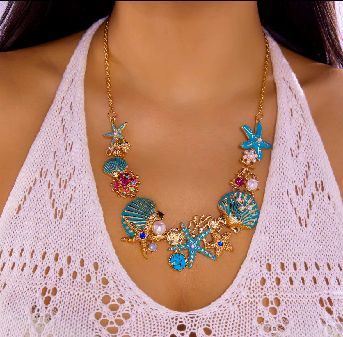 Blue Seashell Starfish Charm Necklace