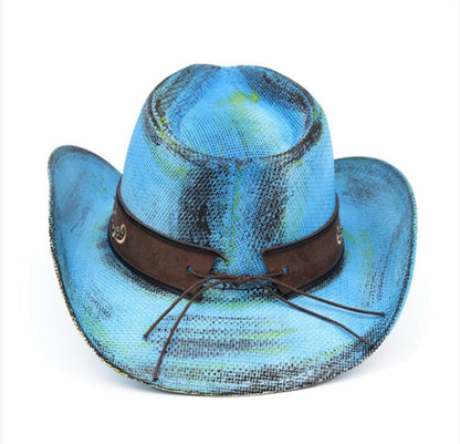 Blue Western Antique Wash Straw Cowboy Hat Filigree Oval Buckle