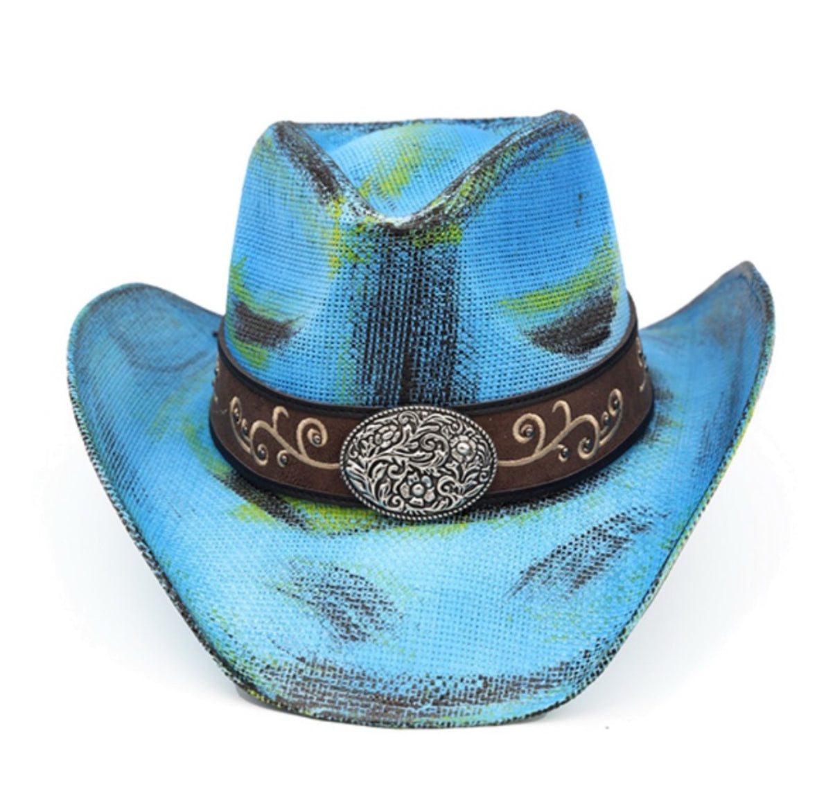Blue Western Antique Wash Straw Cowboy Hat Filigree Oval Buckle