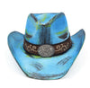 Blue Western Antique Wash Straw Cowboy Hat Filigree Oval Buckle