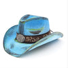 Blue Western Antique Wash Straw Cowboy Hat Filigree Oval Buckle