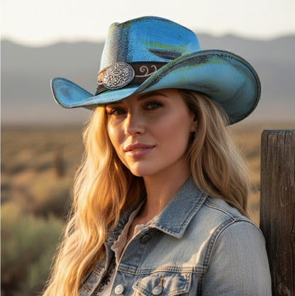 Blue Western Antique Wash Straw Cowboy Hat Filigree Oval Buckle