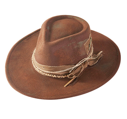 Brown Rustic Cowgirl Fedora With Distressed Fabric Band
