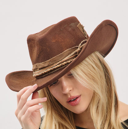 Brown Rustic Cowgirl Fedora With Distressed Fabric Band