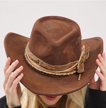 Brown Rustic Cowgirl Fedora With Distressed Fabric Band