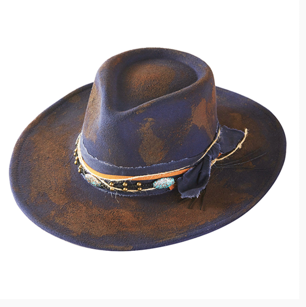 Blue Rustic Cowgirl Fedora w/ Multi & Distressed Band