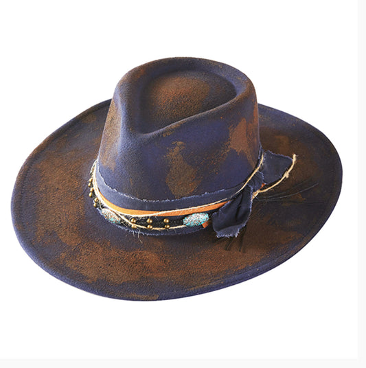 Blue Rustic Cowgirl Fedora w/ Multi & Distressed Band