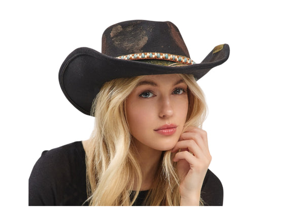 Black Rustic Cowboy Hat with Beaded Band