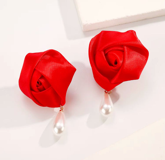 Red Rose Earrings w/ Dangle Pearl