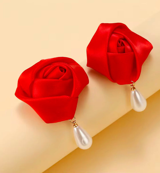 Red Rose Earrings w/ Dangle Pearl